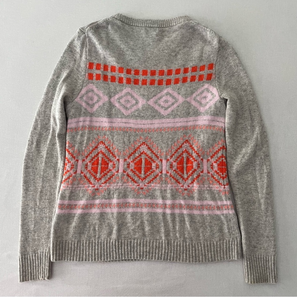 J.CREW Grey Pink & Orange Geometric Pattern Woman Merino Wool Blend Sweater Warm - Picture 6 of 7